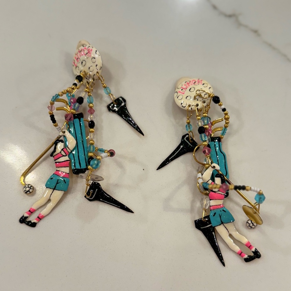 Statement Vtg Lunch At The Ritz woman plays golf  Crystal Gold Tone Earrings